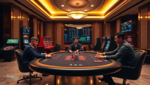 Experience the thrilling atmosphere of new88bet with players at a luxurious poker table.