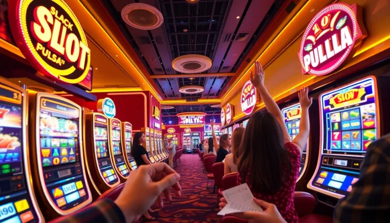 Rasakan pengalaman bermain slot pulsa yang mendebarkan di dalam suasana kasino yang elegan dengan mesin slot yang penuh warna.