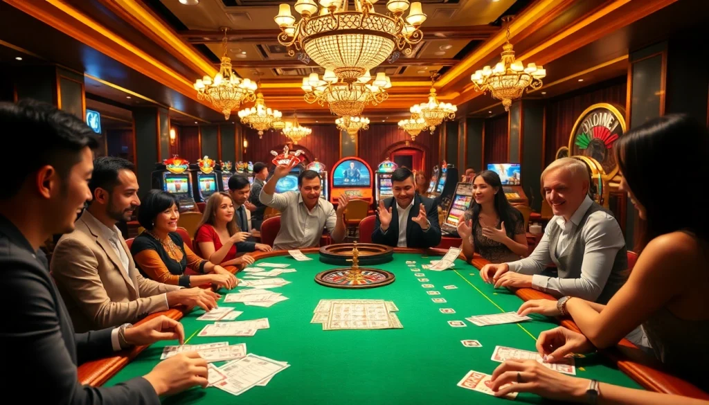 Engage with Tool xổ số siêu tốc at a vibrant casino featuring lottery tables and excited players.