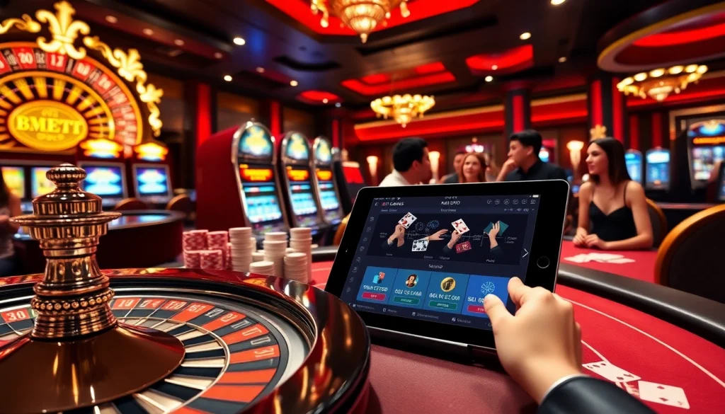 Exciting casino scene featuring diverse games at 789f nhà cái with players engaged in thrilling bets.