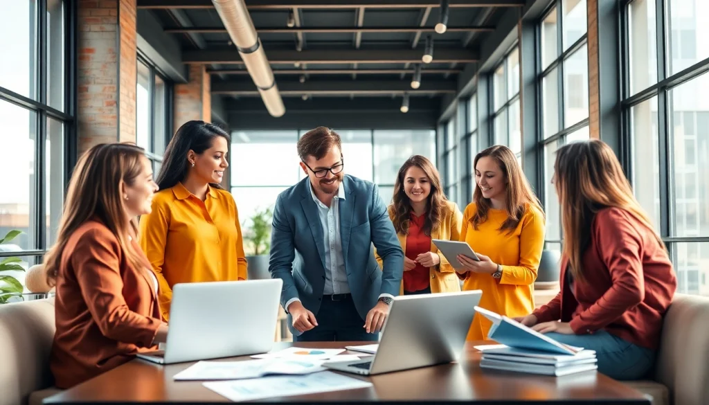 Showcasing effective strategies on sales recruitment websites through team collaboration in an energetic office.