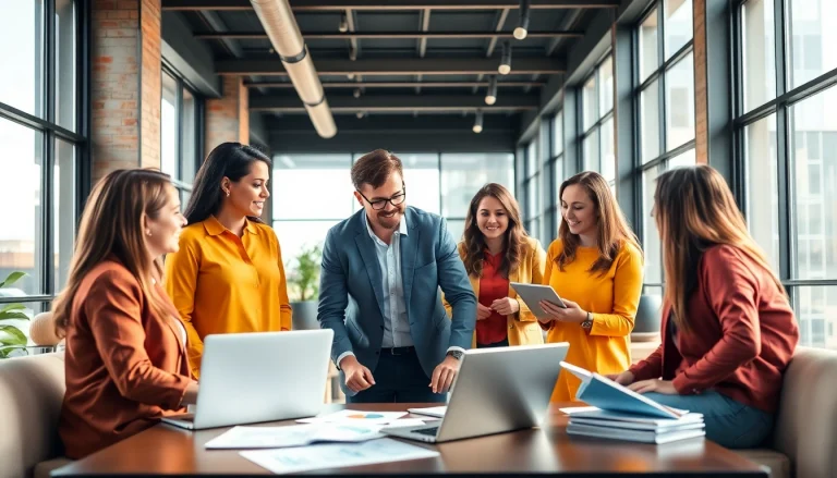 Showcasing effective strategies on sales recruitment websites through team collaboration in an energetic office.