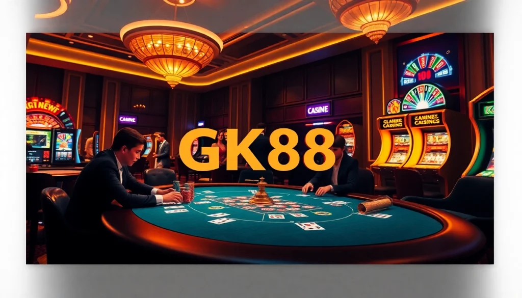 Players strategize in a vibrant casino scene featuring GK88 online gambling experience.
