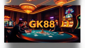 Players strategize in a vibrant casino scene featuring GK88 online gambling experience.