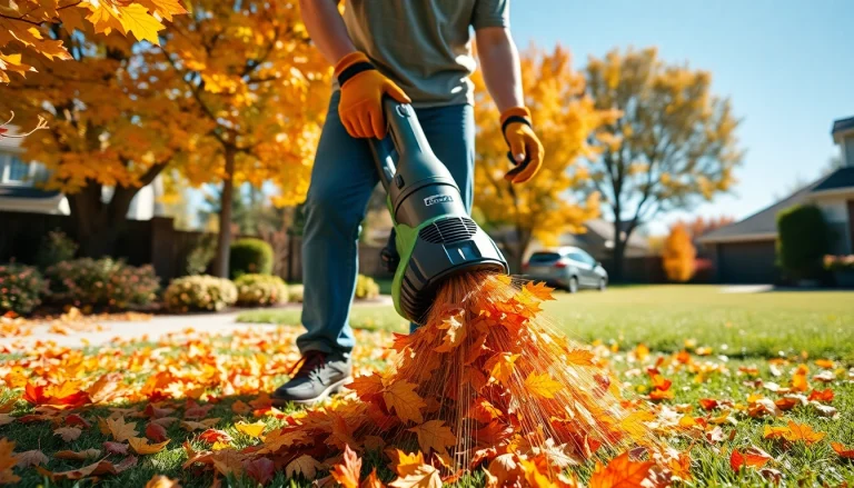 Dynamic scene of an electric leaf blower in action, sweeping autumn leaves in a sunny garden.