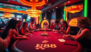 Play with excitement at UU88's vibrant poker table surrounded by enthusiastic players.