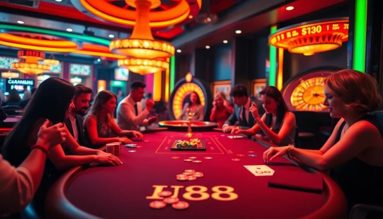 Play with excitement at UU88's vibrant poker table surrounded by enthusiastic players.