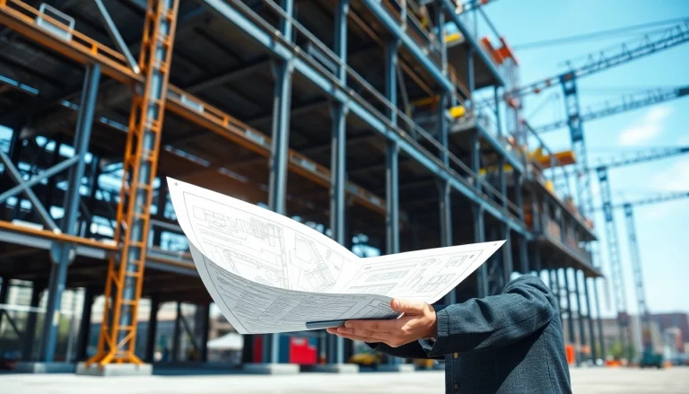 Visualize steel structure design with an architect analyzing plans in a bustling construction site.
