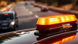 Warnleuchte V16 leuchtet hell auf einem Autodach bei einem Unfall.