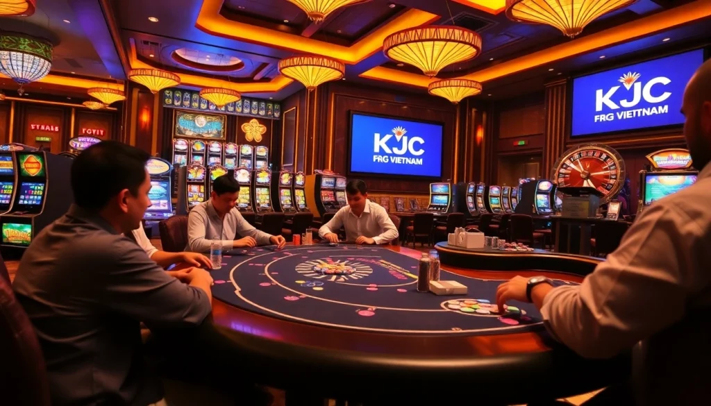 KJC Vietnam's poker players engage in a thrilling game surrounded by vibrant casino elements.