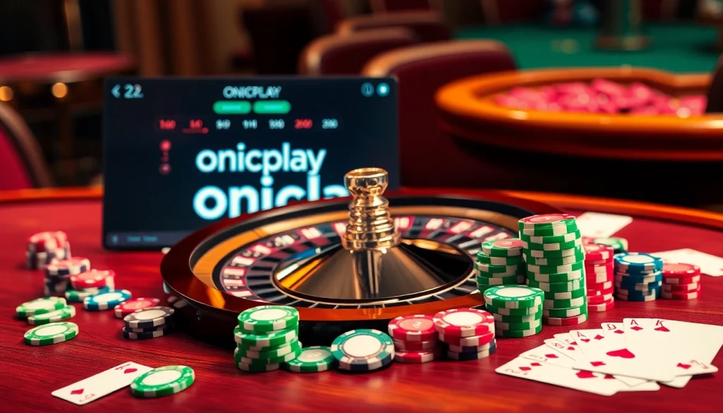 Exciting scene featuring onicplay gaming elements like poker chips, cards, and a roulette wheel.