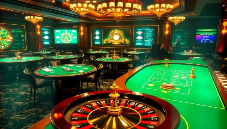 Engaging scene of רמי אונליין gameplay in a luxurious casino atmosphere with vibrant poker tables and roulette.