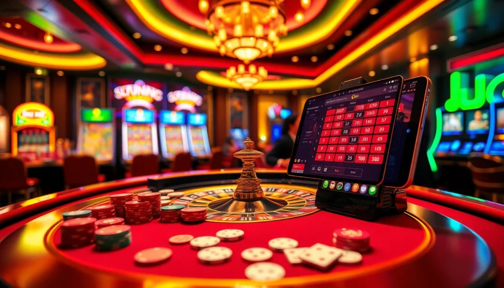 Visualize the excitement of gaming at luck8 trang chủ featuring vibrant casino tables, chips, cards, and more.