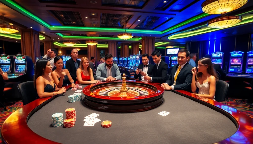 Players enjoying 68 game bài at a vibrant casino table with poker chips and roulette.
