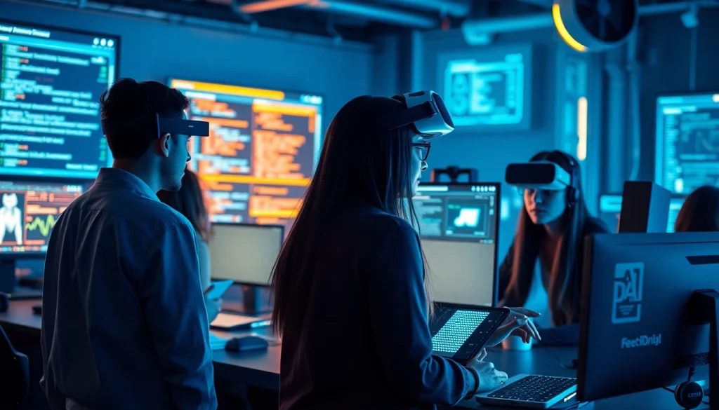 Futuristic digital workspace illustrating the concept of porn ai creation through AI technology.