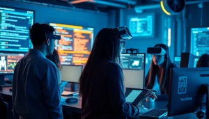 Futuristic digital workspace illustrating the concept of porn ai creation through AI technology.