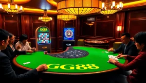 Excited players at GG88 casino table playing cards and chips in a luxurious setting.