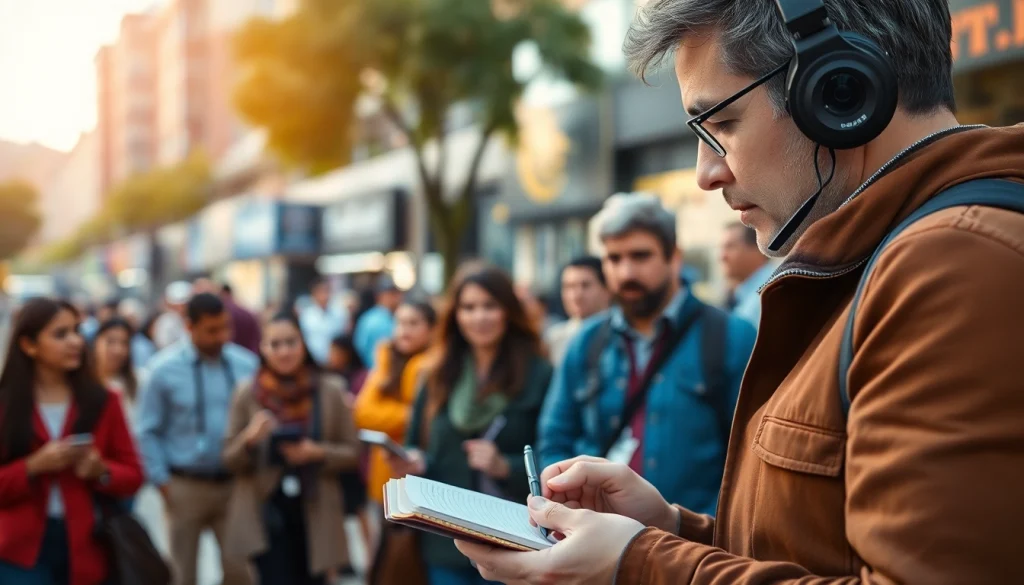 Engaging scene of journalist covering news for Usa Today amid busy city life.