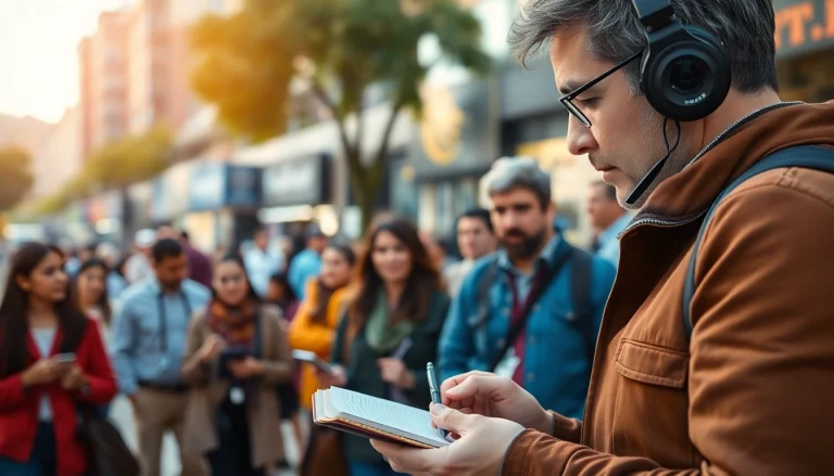 Engaging scene of journalist covering news for Usa Today amid busy city life.