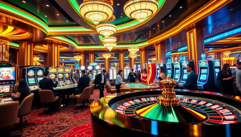 Lingkungan kasino yang mendebarkan menampilkan kemenangan Datuk dengan mesin slot yang berwarna-warni dan pemain poker yang terlibat dalam permainan.