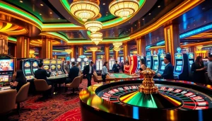 Lingkungan kasino yang mendebarkan menampilkan kemenangan Datuk dengan mesin slot yang berwarna-warni dan pemain poker yang terlibat dalam permainan.