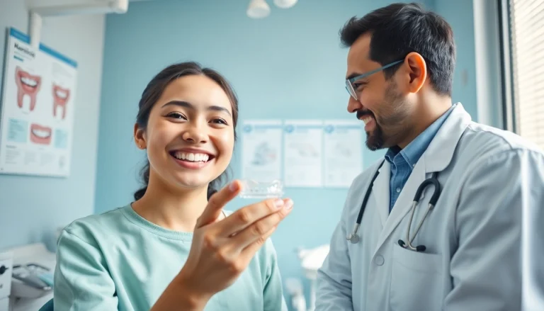 Smiling patient holding a clear mouthguard for マウスピース矯正 安い in a friendly dental clinic.