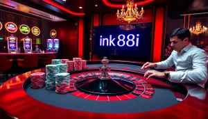 Experience top-tier gambling at link 88i, featuring an exciting roulette table and vibrant casino atmosphere.