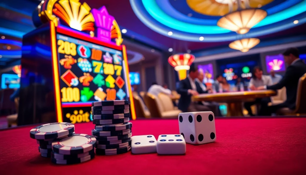 Exciting nổ hũ slot machine in a luxurious casino environment with poker chips and dice.