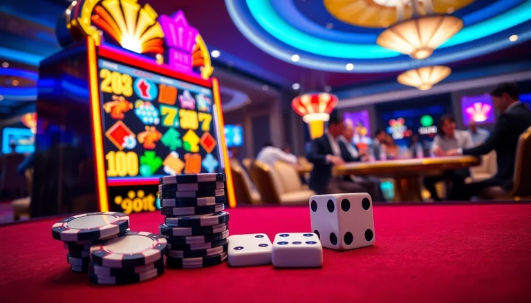 Exciting nổ hũ slot machine in a luxurious casino environment with poker chips and dice.