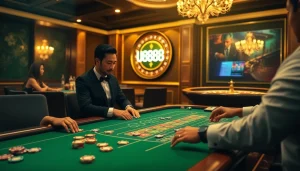 U888 players enjoying an exciting game of blackjack in a luxurious online casino environment.