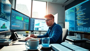 Engaging workspace for web scrapping featuring screens with graphs and coding interfaces.