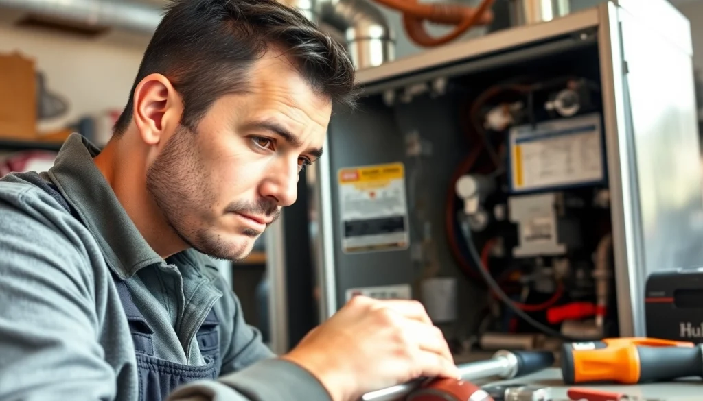 Expert technician performing furnace repair northsalem in a bright workshop, showcasing detailed tools and equipment.
