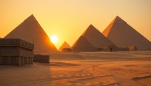 Explore the grand piraminds of Egypt set against a stunning sunset backdrop.