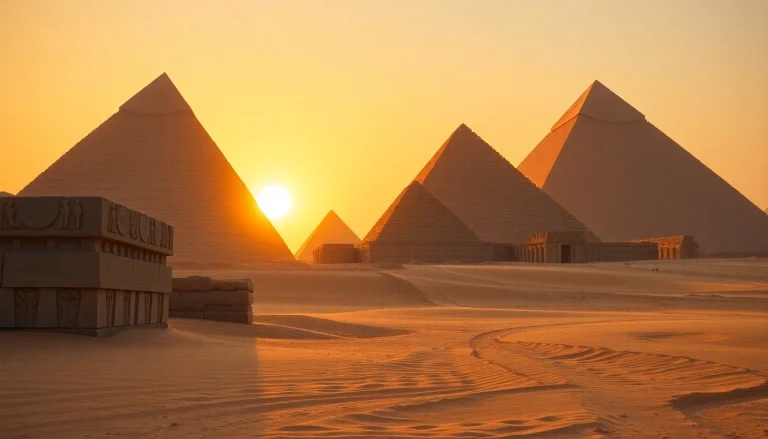 Explore the grand piraminds of Egypt set against a stunning sunset backdrop.