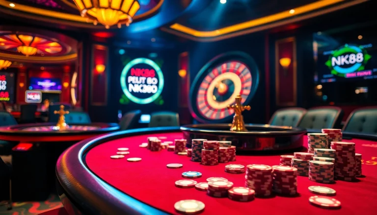 Exciting NK88 poker table scene with vibrant chips, cards, and roulette wheel.