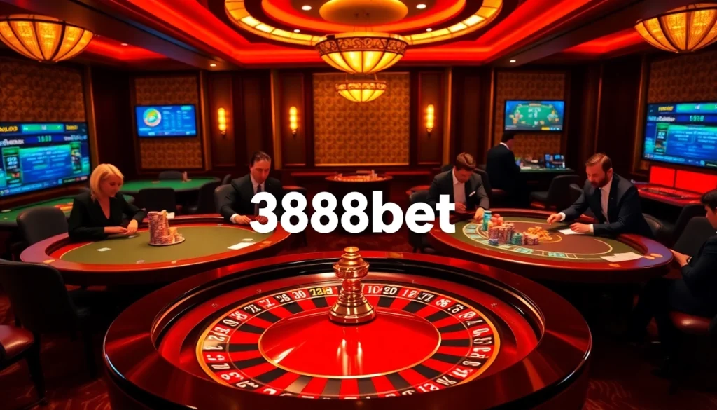 Experience excitement with 388bet at a luxurious casino filled with vibrant roulette wheels and lively poker tables.
