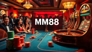 Experience the excitement of MM88 in a luxurious casino setting filled with poker chips, roulette wheels, and slot machines.