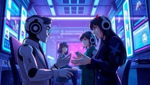 Interactive scene featuring nsfw character ai conversing in a futuristic digital environment.