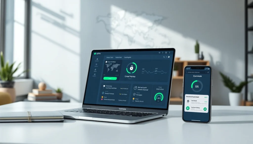 在现代设备上显示的快连VPN应用界面，展示全球连接与安全性。