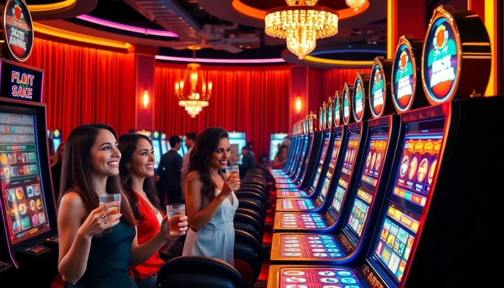 Para pemain menikmati permainan Slot Depo 5k di mesin slot kasino mewah dengan lampu berwarna-warni.