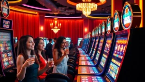 Para pemain menikmati permainan Slot Depo 5k di mesin slot kasino mewah dengan lampu berwarna-warni.