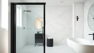 Enhance your space with a modern black shower sliding door featuring sleek design and elegant details.