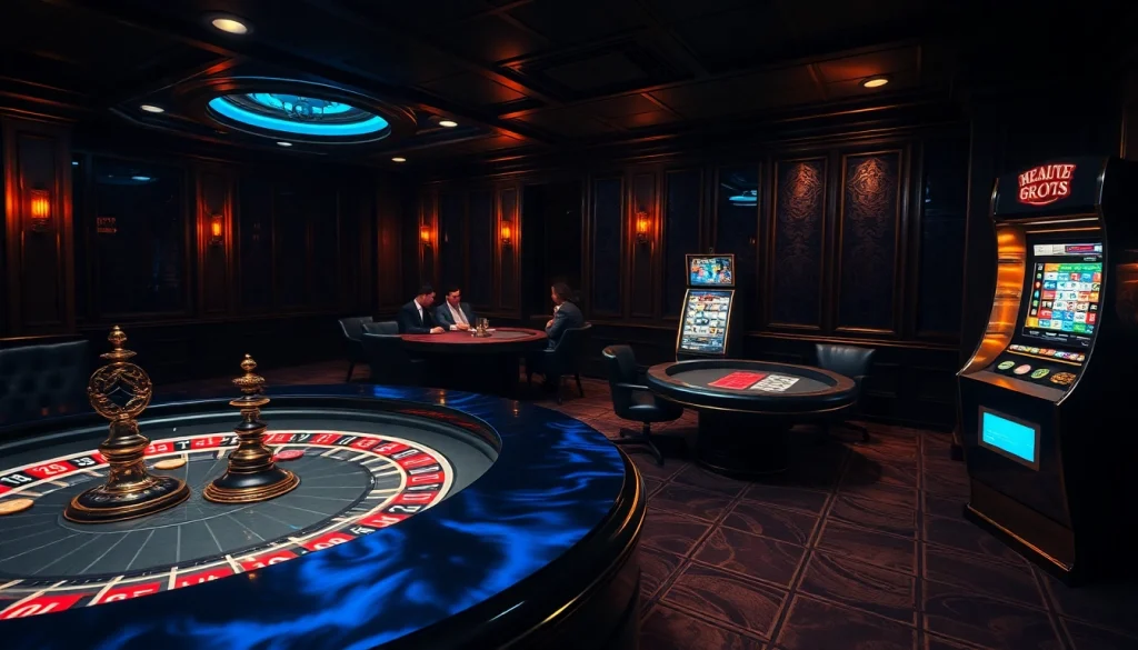 Intense poker game and roulette table in a luxury casino inspired by hidden wiki dark web theme.
