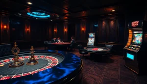 Intense poker game and roulette table in a luxury casino inspired by hidden wiki dark web theme.