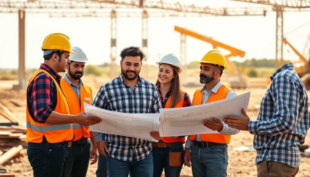 Collaboration among professionals representing Texas association of builders in a sunlit construction setting.