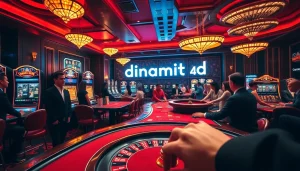 Exciting dinamit4d casino action with players engaging at poker tables and vibrant slot machines.