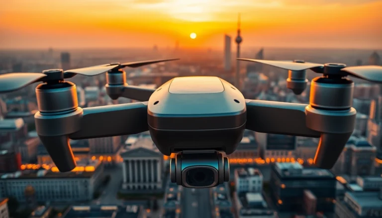 Drohnenvideos Berlin von einem Drohnenflug über die Berliner Skyline bei Sonnenuntergang.