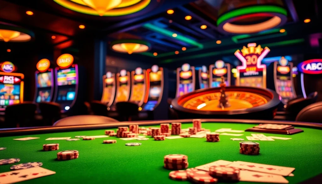 Exciting ABC8 casino scene with poker chips, cards, and a spinning roulette wheel.