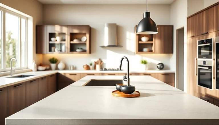 Showcasing Dekton Kitchen Worktops with elegant features in a contemporary kitchen setting.