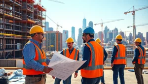 New Jersey Commercial General Contractor supervising a construction site with active workers.